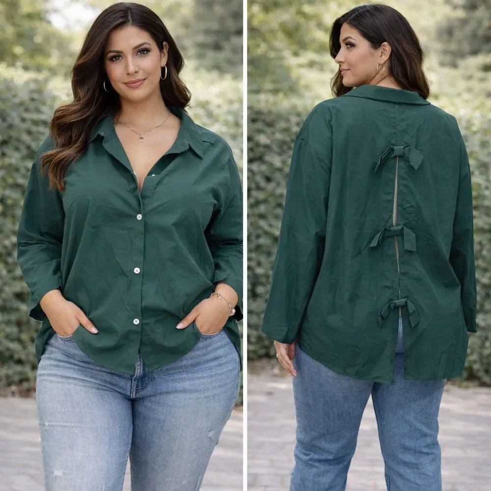 NWT SHEINโSolid Dark Green Button-Up Shirt Open Back Bow Detail Blouse Shirt 3XL